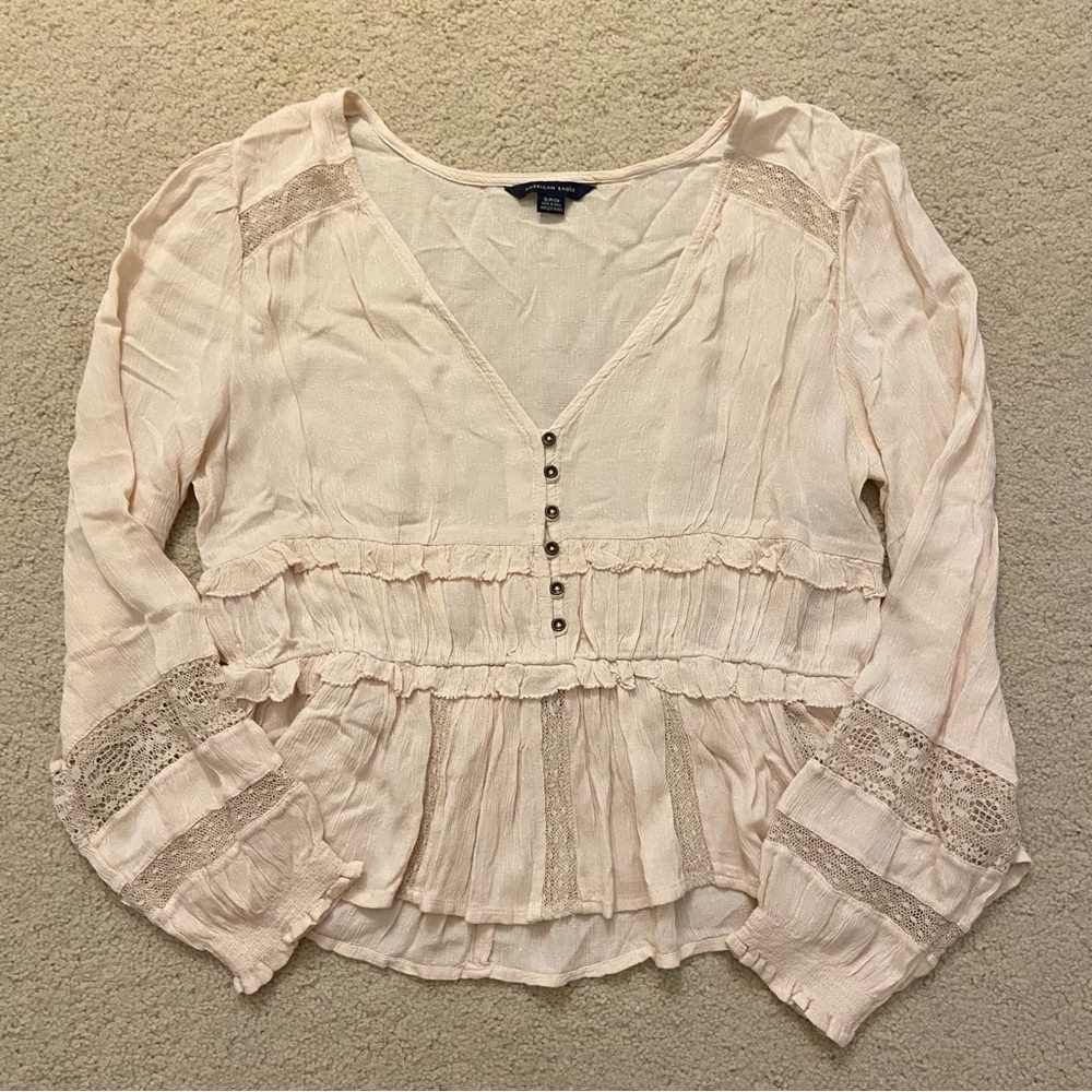 AE Cream/Pink Button-Down Blouse with Lace Accents